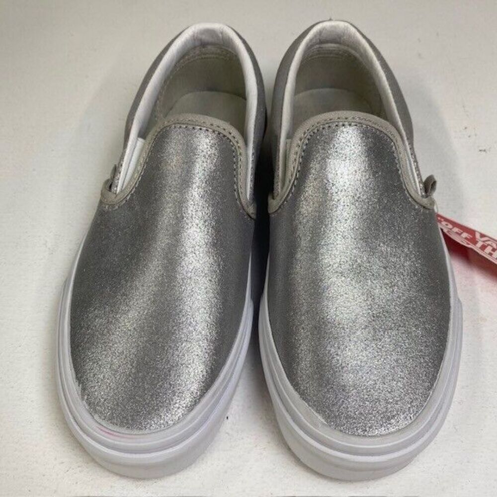 Vans Sneaker Shoe Classic Slip‎ On Silver Women Size 5 New Metallic Look